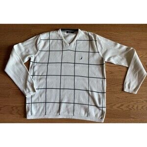 Nautica V-neck Sweater Men’s‎ Size Large 100% Cotton Sailboat Logo Blue Stripe